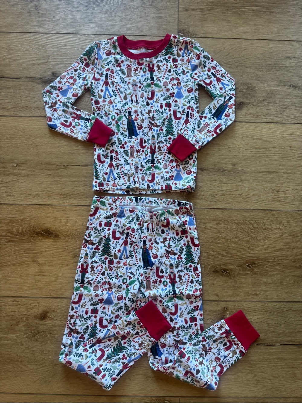 Pottery Barn Kids White Holiday Print Pajama Set with Red Trim